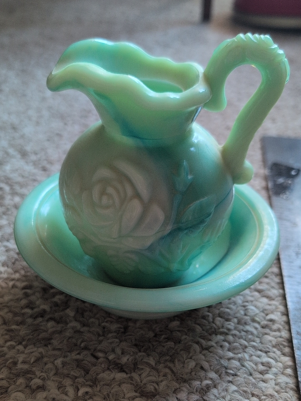 Vintage Avon Green Jadeite Bubble Bath Bottle Pitcher & Bowl Empty